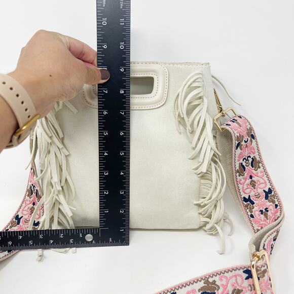 Ahdorned Cream Faux Suede Fringe Crossbody Bag with Pink Brown Wide Boho Strap - Picture 9 of 11